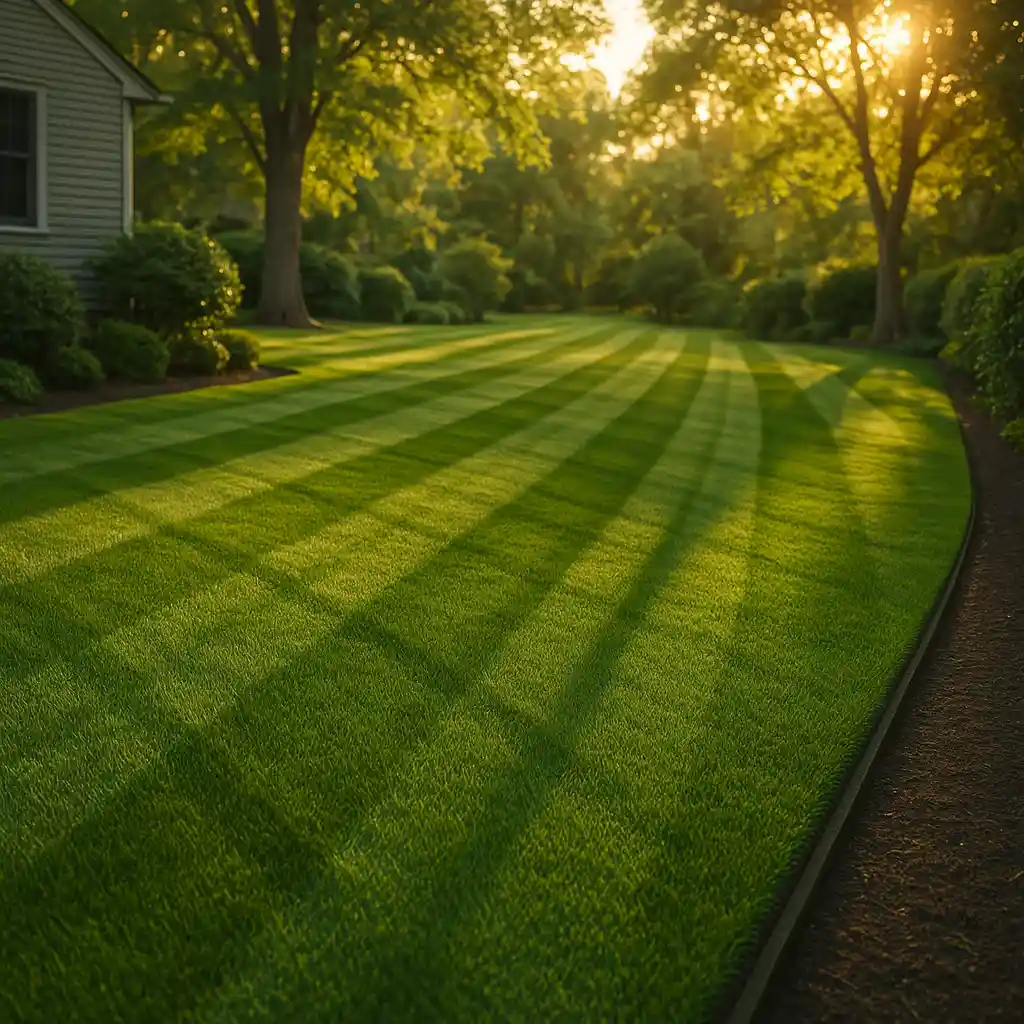 Freshly mowed residential lawn with crisp mowing stripes and clean edged borders in warm golden-hour light